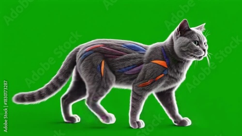 Gray cat walking with visible muscle structure on green screen for educational purposes shown green screen cat video