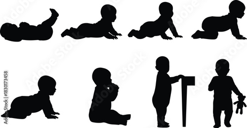 Baby Crawling and Development Milestones Set, Child Growth Process Silhouette Vector Illustration, Infant Progress from Lying to Standing, Developmental Stages Black and White Icons