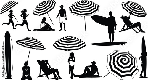 Beach and summer vacation vector silhouette collection set featuring people relaxing, swimming, surfing, deck chairs, and striped sun umbrellas, representing tropical holiday activities.Beach and 