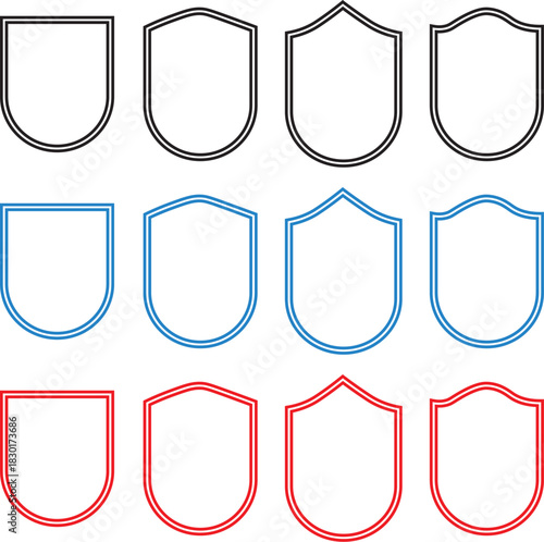 Editable stroke shield icon set, Knightly military shield insignia of different shapes, security symbols sign protection badges collection
