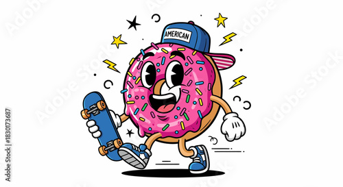 Cool cartoon donut character walking with a blue skateboard.