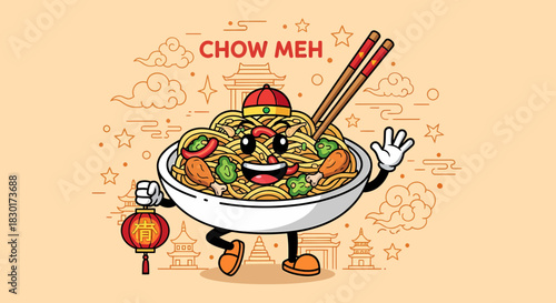 Chow Mein Noodle Bowl Cartoon Character with Chinese Hat and Lantern.