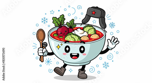 Cute Cartoon Borsch Soup Character Wearing Ushanka Hat.