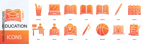 Education icon collection set. Containing Book, Notebook, Pencil, Calendar, Study icon.