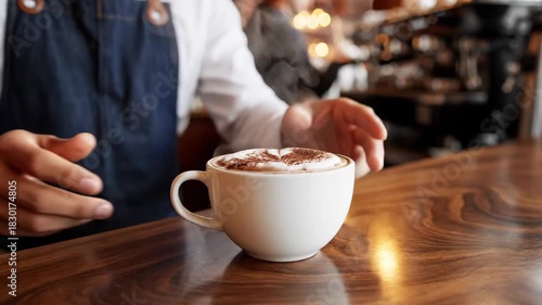 Barista serving a freshly brewed cup of coffee with latte art in a cozy cafe setting.