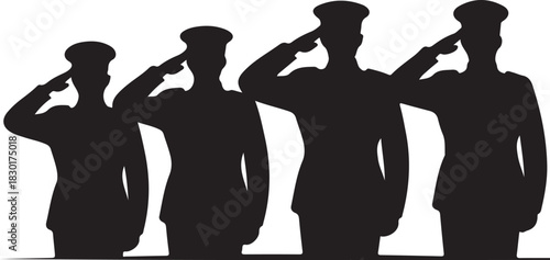 Honoring military veterans saluting in silhouette