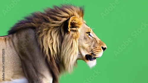 Lion with a majestic mane in profile against a vibrant green background looking regal and powerful green screen cat video