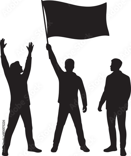 Crowd protesting together, holding flag silhouette