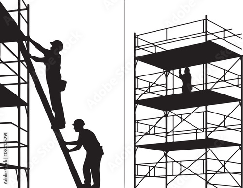 Construction workers building scaffolding silhouette