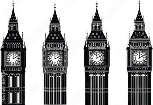 Big Ben Clock Tower Black Silhouette Set, London Landmark Icon Collection in Different Vector Graphic Styles, Palace of Westminster Timepiece Illustration, Travel Theme