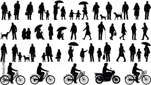Big set of people silhouettes in winter clothes, walking with dogs and children, riding bicycles and motorcycles, holding umbrellas for autumn weather vector illustration