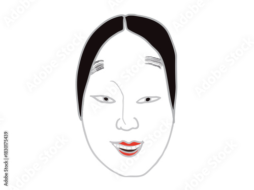 Illustration of a mask of a laughing woman's face from classical Japanese performing arts
