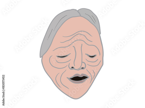Illustration of a mask of an old woman's face from classical Japanese performing arts