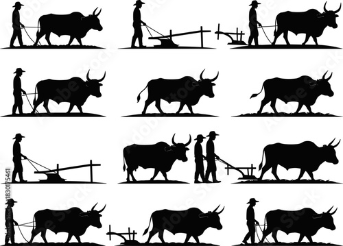 “Collection of farmer and ox plowing silhouettes, traditional rural agriculture scenes illustrating manual field cultivation, livestock-driven farming practices in detailed vector design”