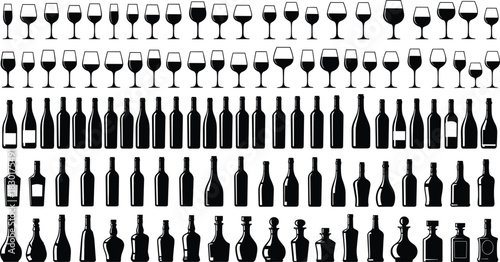 Big set of wine glasses and bottles, black vector silhouette collection of alcohol containers, bar glassware illustration for restaurant menu design