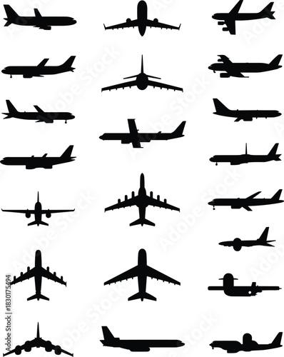 Airplane silhouette collection vector illustration set, jet aircraft icons, aviation transportation design, flight symbols, passenger plane shapes, travel and airport graphic elements
