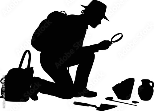 Archaeologist silhouette exploring ancient artifacts with magnifying glass, excavation tools, and pottery, vector illustration for history, research, exploration, and cultural heritage design