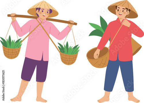 Asian farmers carrying baskets with green plants illustration, traditional rural lifestyle, agriculture workers wearing conical hats, vector flat design