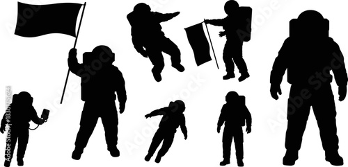 Astronaut silhouette vector illustration set with flag and space suit, cosmic exploration, space mission, NASA astronaut design, science and discovery concept