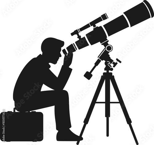Astronomer silhouette observing sky with telescope on tripod, astronomy vector illustration for stargazing, space science, exploration, night sky observation, and cosmic research design