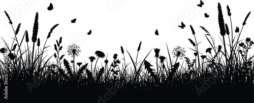 Black meadow grass silhouette vector border with wildflowers and flying butterflies, nature field background, summer garden landscape illustration, isolated on white.