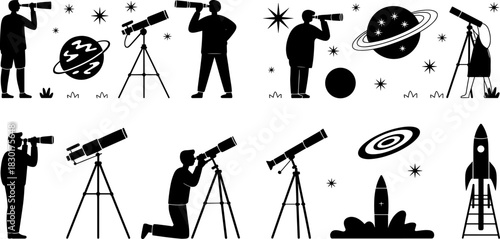 Astronomers observing space through telescopes, people exploring stars and planets, astronomy science concept illustration, night sky research, cosmic exploration vector design