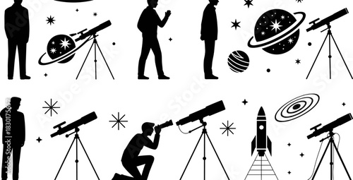 Astronomers observing night sky with telescope, planets, stars and rocket, astronomy science exploration concept silhouette vector illustration for space discovery and education design