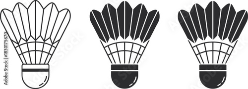 Badminton shuttlecock vector illustration set, black and white feather shuttle design, minimal sports equipment icon collection, recreation, fitness, and indoor game concept