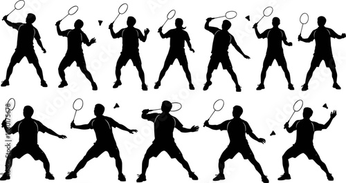 Badminton Player Silhouette Vector Illustration Set, Dynamic Athlete Poses with Rackets and Shuttlecocks, Practicing Various Shots, Isolated Black Graphic Icons for Sport Design Content
