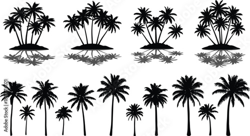 Black Silhouette Palm Trees and Tropical Island Icons Set, Exotic Beach Landscape Collection with Coconut Palms, Simple Flat Vector Illustration for Summer Vacation and Paradise Design,