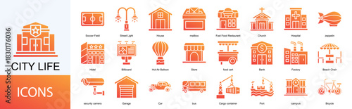 City Life icon collection set. Containing Soccer Field, Street Light, House, Fast Food Restaurant, Church, Hospital, icon.