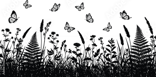 Black silhouette vector illustration of wild grass, flowers, and butterflies on white background, summer meadow field border for nature design decoration, floral panoramic landscape.