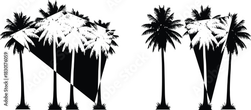 Black vector palm tree silhouettes with geometric triangle overlay, tropical summer beach nature background for t-shirt print design, vintage style logo