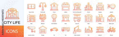 City Life icon collection set. Containing Soccer Field, Street Light, House, Fast Food Restaurant, Church, Hospital, icon.