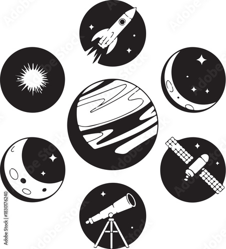 Explore space science with planets and rocketship