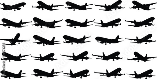 Set of Black Icons for Travel, Aviation, Flight, Transportation, and Air Journey Design Graphics.