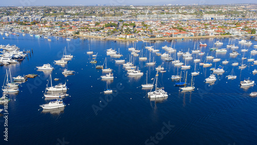 Aerial shot of boats and yachts in the Newport Bay in Newport Beach California USA