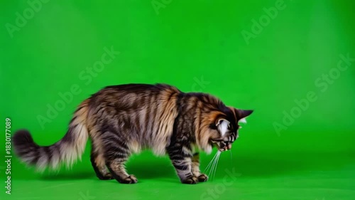 Maine coon cat standing alert on a green screen background looking directly at the camera lens green screen cat video