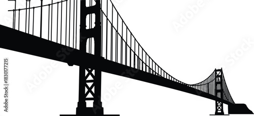Silhouette of a suspension bridge architecture with cables and towers, civil engineering structure design and infrastructure vector illustration concept.