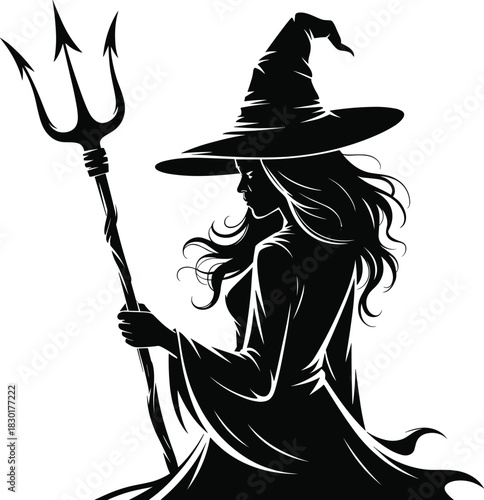 Silhouette of a witch holding trident staff wearing a hat, representing Halloween, magic, fantasy, mystery, and dark sorcery illustration art.