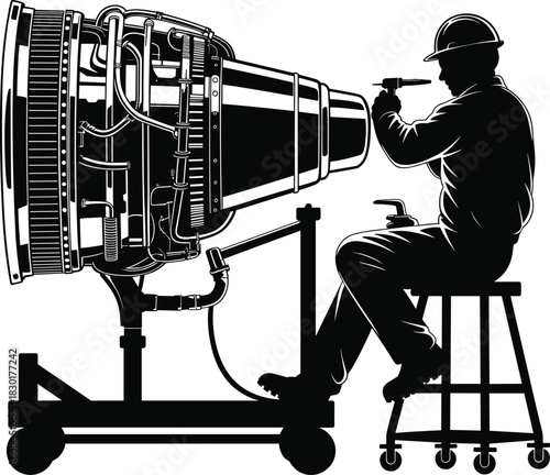 Silhouette of aerospace mechanic repairing jet engine turbine using tools, representing aviation maintenance, engineering, technology, and aircraft industrial work concept.