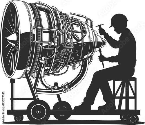 Silhouette of aircraft mechanic repairing jet engine, aviation maintenance technician working on turbine system in aerospace engineering and technology concept.