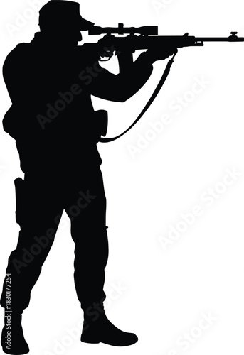 Silhouette of armed soldier aiming sniper rifle in tactical position, military sharpshooter with weapon, 