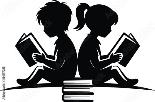 Silhouette of boy and girl reading books back to back sitting on pile of books, education learning childhood concept vector