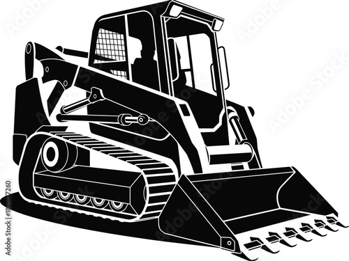 Silhouette of bulldozer construction vehicle with bucket and crawler tracks, heavy machinery equipment for industrial, engineering, and building work illustration