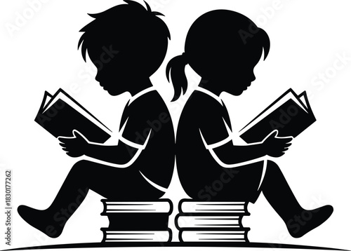 Silhouette of boy and girl reading books while sitting back to back on stacked books, education learning childhood vector illustration
