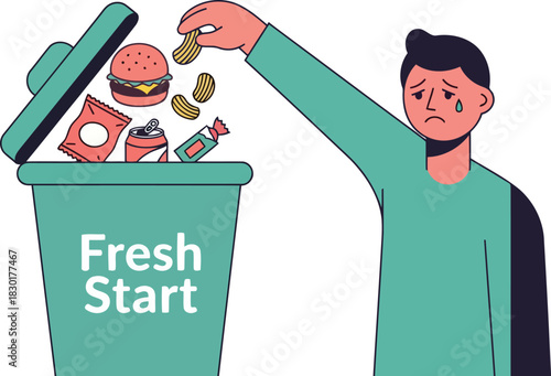 Sad man throwing junk food away for a fresh start to a healthier lifestyle clean professional vector illustration