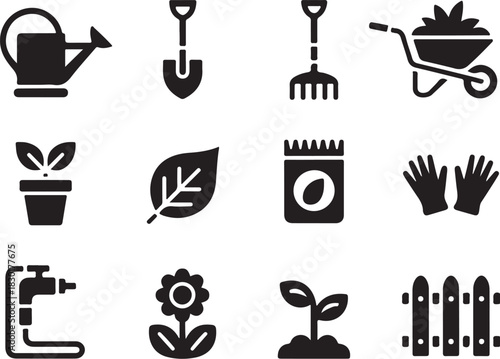 Gardening icons set for spring planting season