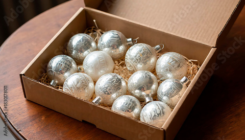 Vintage silver Christmas ornaments nestled in a cardboard box with straw, anticipating holiday decorations and festive celebrations
