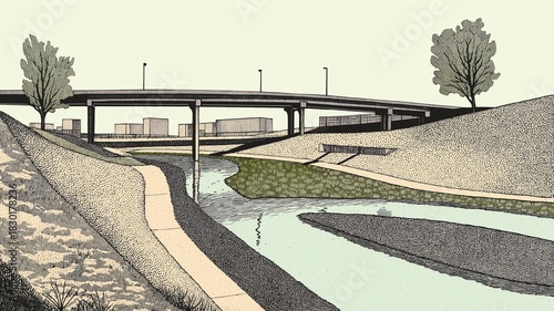 A highway overpass with a natural scene beneath in a scene depicting urban greening architectural style.